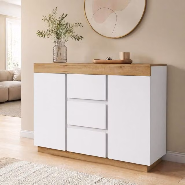 Cassettiera Mivray con 3 cassetti e 2 ante in MDF bianco e marrone per camera da letto e soggiorno
