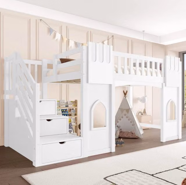 Letto a castello alto 90x200 cm con scala contenitore e finestre; bianco