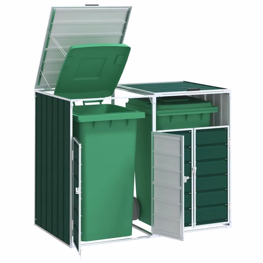 vidaXL Copribidone con Ruote per 2 Bidoni in Acciaio, Verde, L 144 cm x P 81 cm x H 113 cm