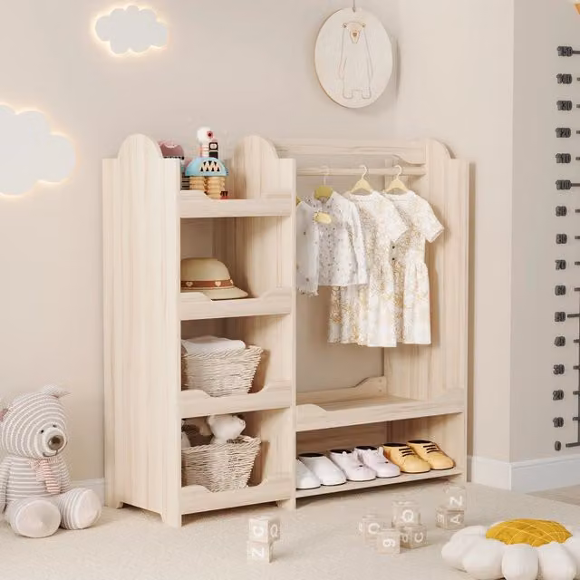 Armadio per bambini Minimal in legno di pino naturale con 4 ripiani e appendiabiti, L: 110 cm, P: 39 cm, H: 110 cm – 1