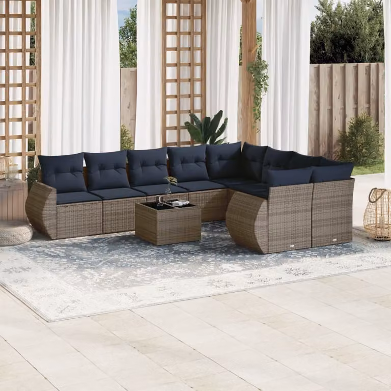 Set di divani da giardino vidaXL 10 pezzi con cuscini e tavolino da esterno, design moderno a L in rattan grigio e blu con struttura in acciaio e vetro