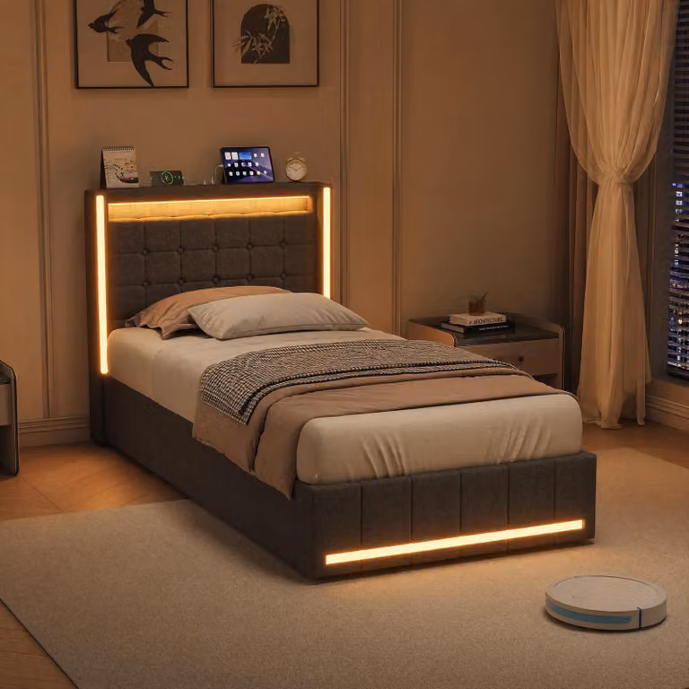 Letto a molle con contenitore INONEFT, 90x200 cm, con illuminazione LED e porta USB-C – Letto per ragazzi, letto imbottito a una piazza con rete a doghe, letto con sistema di sollevamento idraulico, tessuto in lino, colore grigio