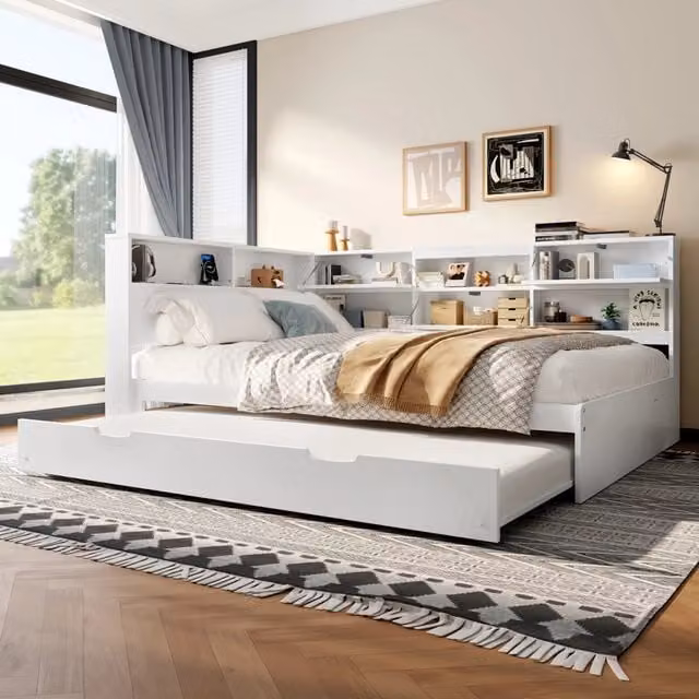 Letto Mivray con letto estraibile e testiera contenitore con porte USB e Type-C, colore bianco, L/P/H: 140 x 200 cm