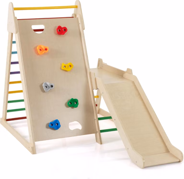 COSTWAY 3 in 1 struttura da arrampicata per interni, scala da arrampicata, parete da arrampicata e scivolo, triangolo a pioli per arrampicarsi e scivolare, per bambini 3+ colorati, 105x127.5x122.5cm