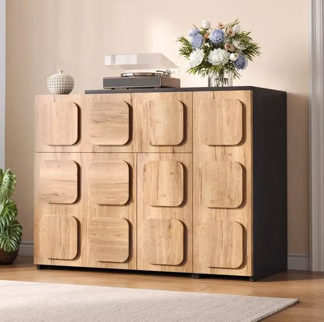 Sideboard modulare in legno con ante e cassetti, design push-to-open, finitura moderna legno naturale e nera, per soggiorno, sala da pranzo e ufficio