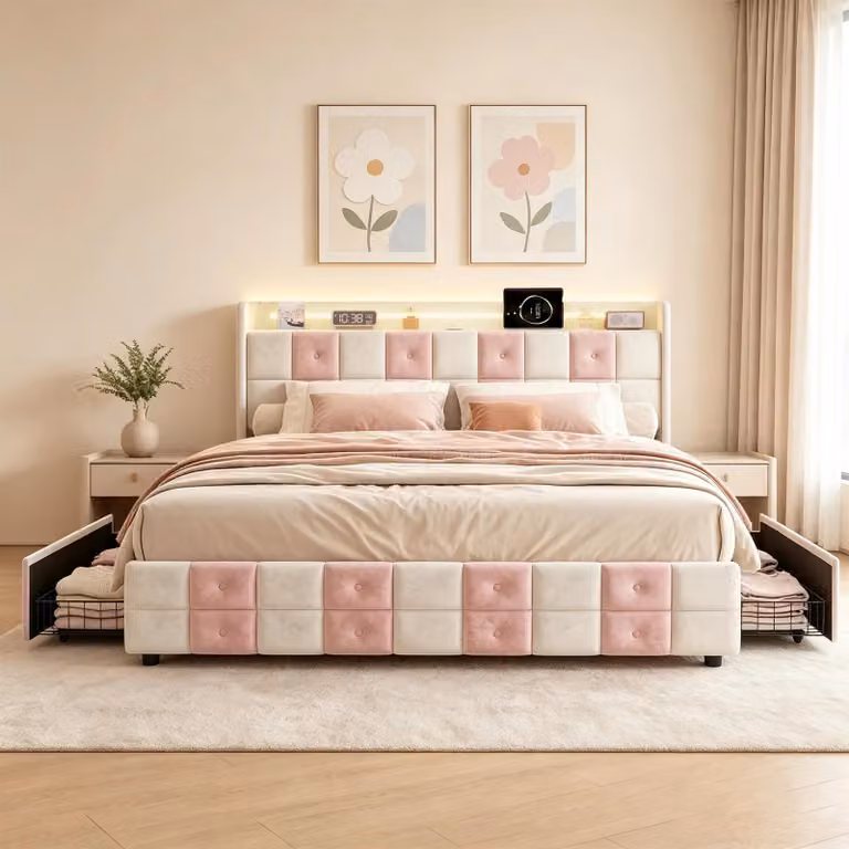 Letto imbottito - Letto matrimoniale - 140 x 190 cm - 4 cassetti - Spazio contenitivo - Rivestimento in velluto - Struttura a listelli - Bianco/Rosa