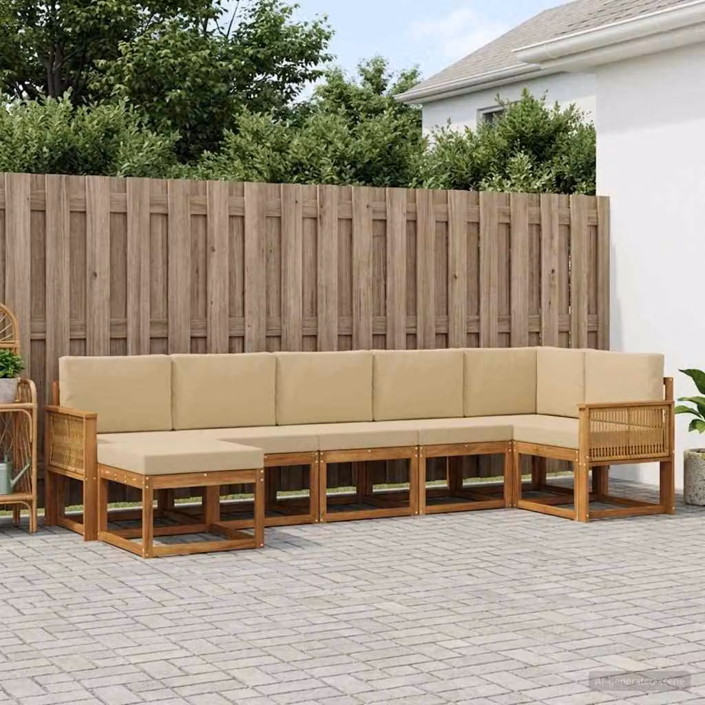 Set di divani da esterno vidaXL a forma di L composto da 7 pezzi in legno di acacia con cuscini beige e marrone
