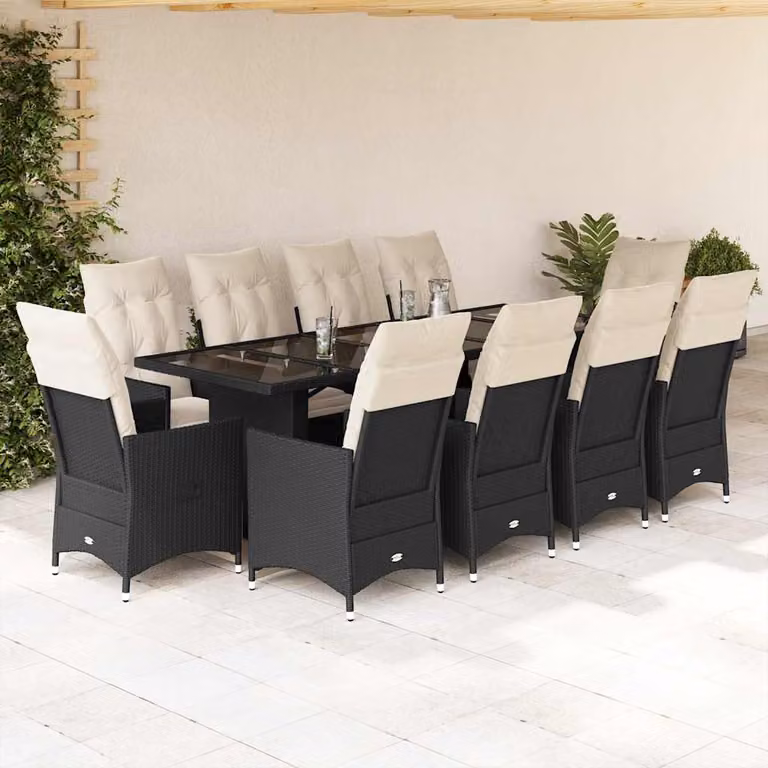 Set da Bistrò da Giardino vidaXL 11 pz in Polyrattan Nero con Cuscini e Tavolo in Vetro
