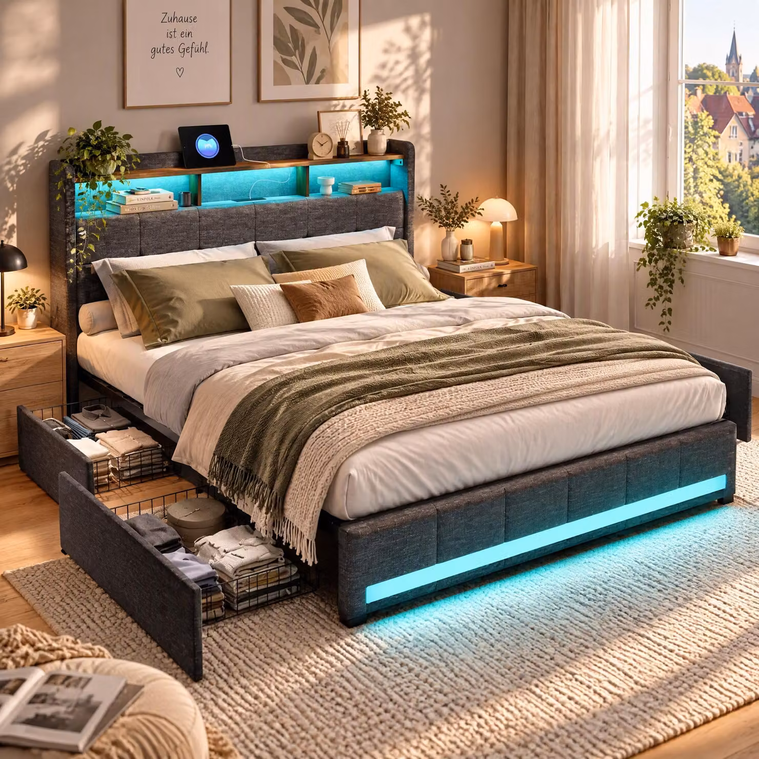 Letto imbottito 140x200 cm con LED nella testiera e porta USB, letto matrimoniale con 4 cassetti, struttura letto con rete a doghe, colore grigio (senza materasso)