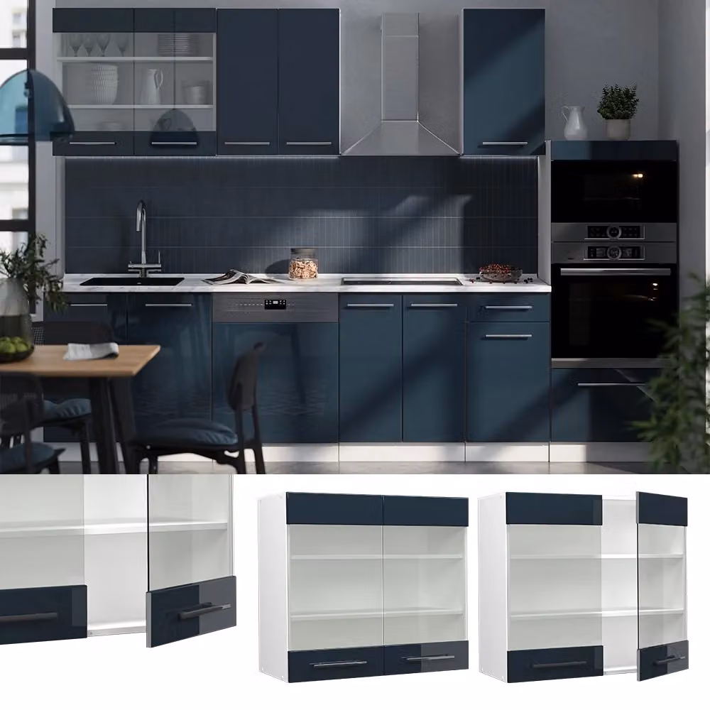 Pensile da cucina Vicco Fame-Line Blu scuro e Bianco lucido con ante in vetro L: 80 cm, H: 72 cm, P: 34,1 cm – 2
