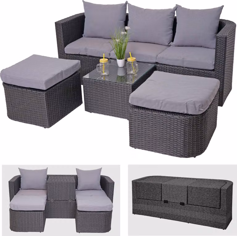 set 3in1 HWC-J37, set da giardino/lounge isola solare, poli-rattan filato MVG ~ antracite, cuscini grigio chiaro