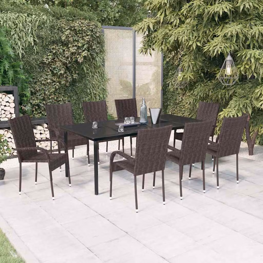 Set da pranzo da giardino vidaXL in rattan con tavolo in vetro e 9 pezzi marrone e nero