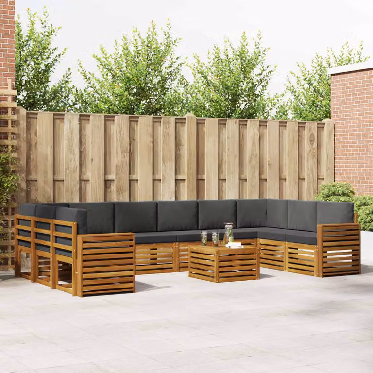 vidaXL Set di divani da esterno a forma di U composto da 11 pezzi in legno di acacia con cuscini beige e antracite
