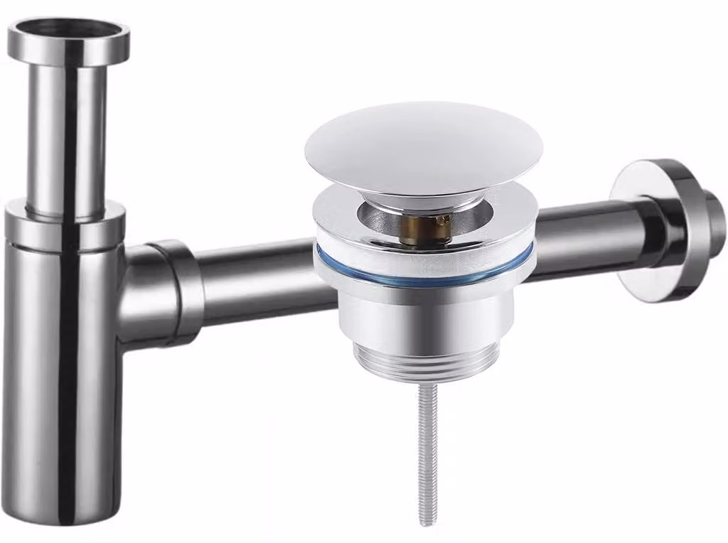 Sifone per lavabo, in ottone, DN32 mm, con tappo click-clack senza troppofilo, finitura cromata