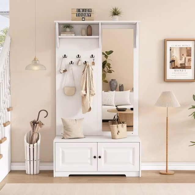Mobile da ingresso ULEVR 100x40x180 cm con specchio, panca portascarpe, 2 armadi e 5 appendiabiti, bianco