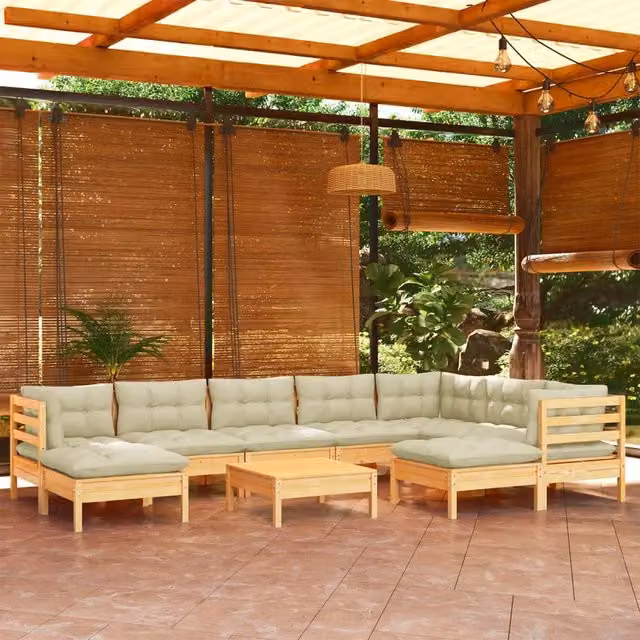 Set Divani da Giardino 10 pz con Cuscini Crema Massello di Pino 3096713
