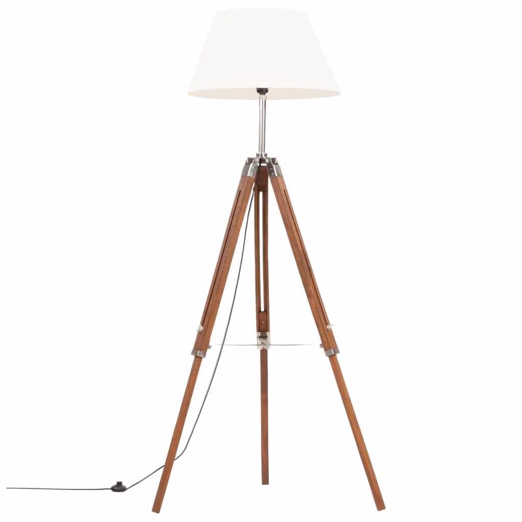 The Living Store Lampada a treppiede in legno massiccio di teak bianco e marrone miele 141 cm