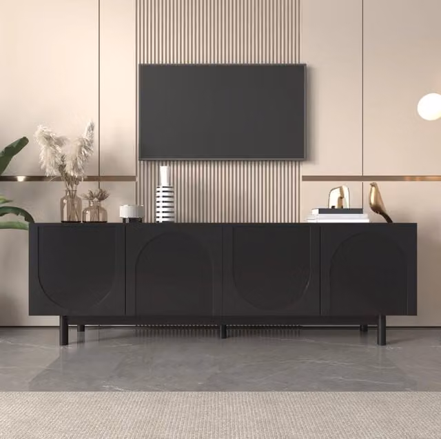 Mobile TV 175x38x56 cm nero in MDF e pannello truciolare, 4 ante con ripiani regolabili