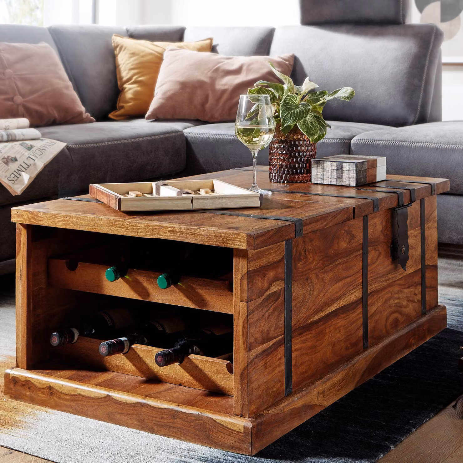 FineBuy Tavolino da salotto in legno massello di sheesham con contenitore e portabottiglie Tavolino da salotto in vero legno con finiture in metallo Realizzato a mano ·