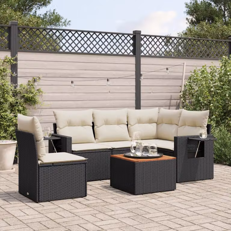 vidaXL Set Divano da Giardino a L 6 pz in Polyrattan Nero con Cuscini e Tavolino da Esterno