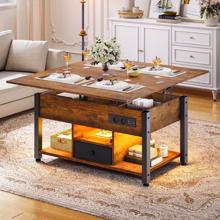 Tavolino da caffè regolabile in altezza, 4-in-1, utilizzabile anche come tavolo da pranzo, con spazio contenitivo, illuminazione a LED, colore marrone vintage