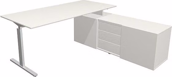 Scrivania Kerkmann Form 2 180x80x74 cm con credenza 160x50x58 cm, base a T in alluminio argento e bianco