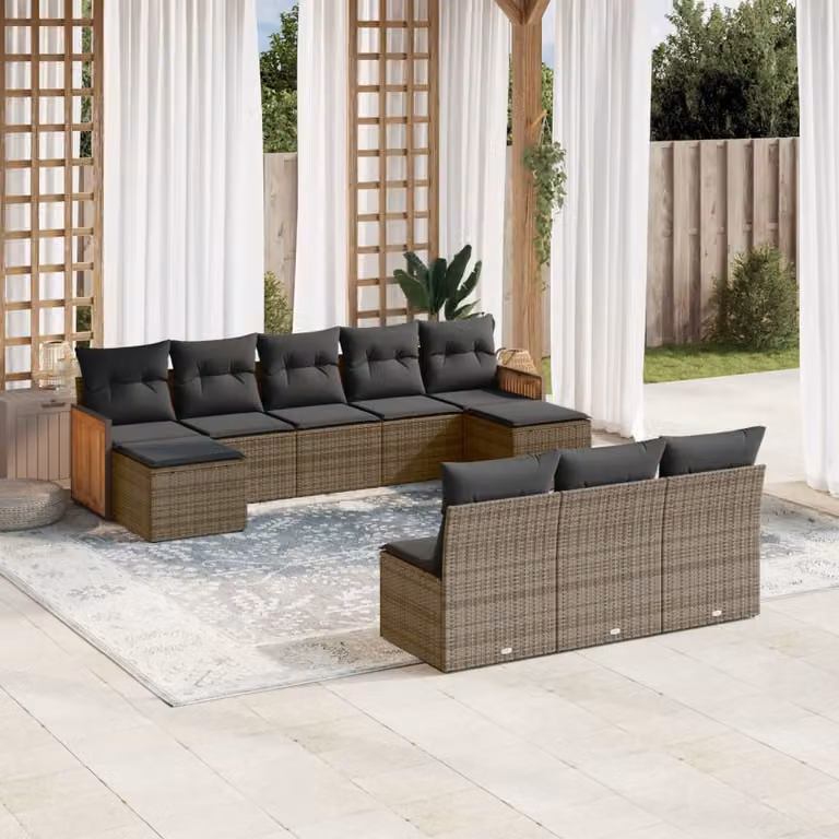 vidaXL Set Divano da Giardino 10 pz in Polyrattan Grigio con Cuscini e Struttura in Legno di Acacia