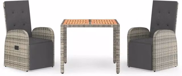 Set da Pranzo da Giardino 3 pz | Set Salotto da Giardino con Cuscini in Polyrattan Grigio