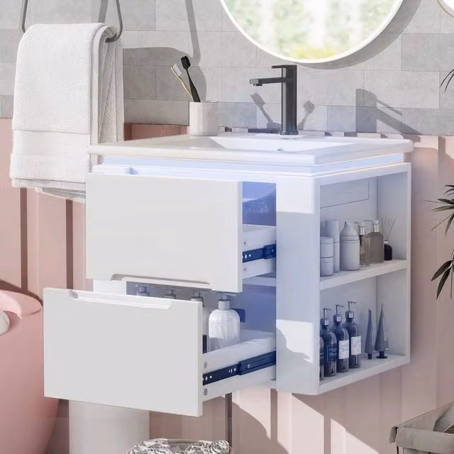 Armoire de salle de bain suspendue - Xylo - 60x46x48,5 cm - Blanc - ??clairage LED ?? d??tection radar, lavabo int??gr??, deux tiroirs