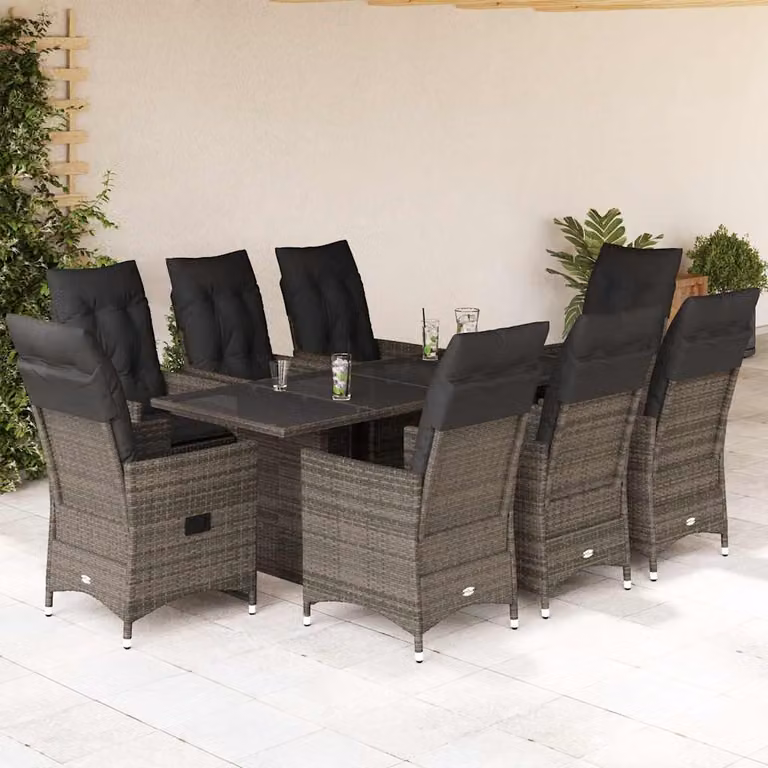 Set da Pranzo da Giardino vidaXL in Polyrattan con Cuscini e Piano in Vetro, 9 Pezzi, Grigio