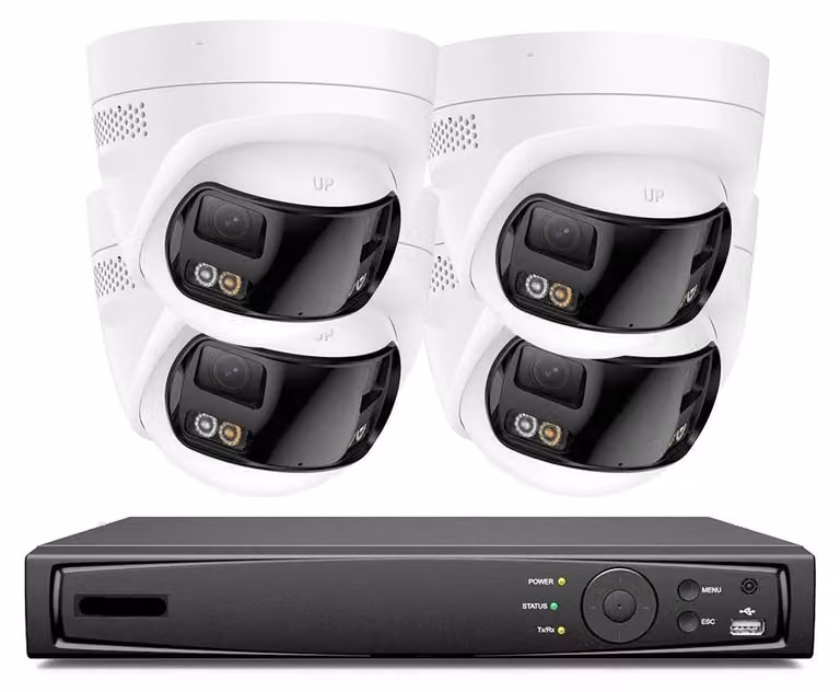 Kit di telecamere di sicurezza – 4 telecamere da 8MP, risoluzione 4K, con doppia lente – visione panoramica a 180° – capacità di archiviazione di 4TB
