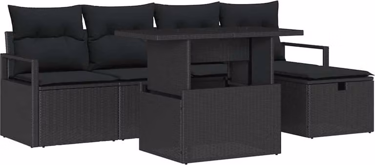 Set Divano da Giardino con cuscino 6 pcs Nero Poly Rattan