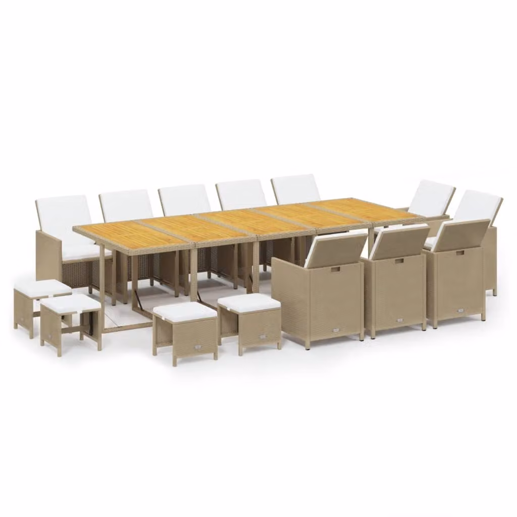 Set da Pranzo da Giardino 15 pz con Cuscini in Polyrattan Beige