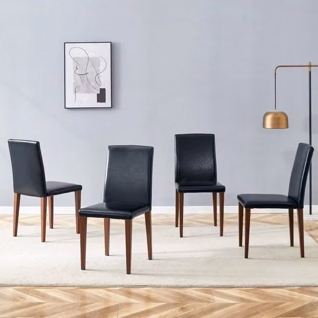[Set di 4 sedie da pranzo minimaliste] Lusso leggero in stile europeo con finitura nera e noce: pelle PU nera + gambe in metallo effetto noce scuro. S