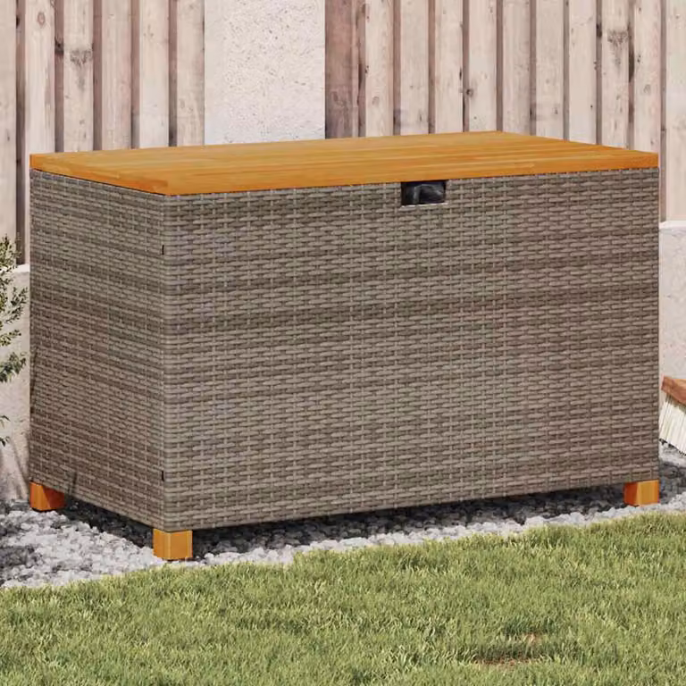 Contenitore da giardino vidaXL in polyrattan e legno di acacia, grigio e marrone, L 110 cm x P 55 cm x H 63 cm