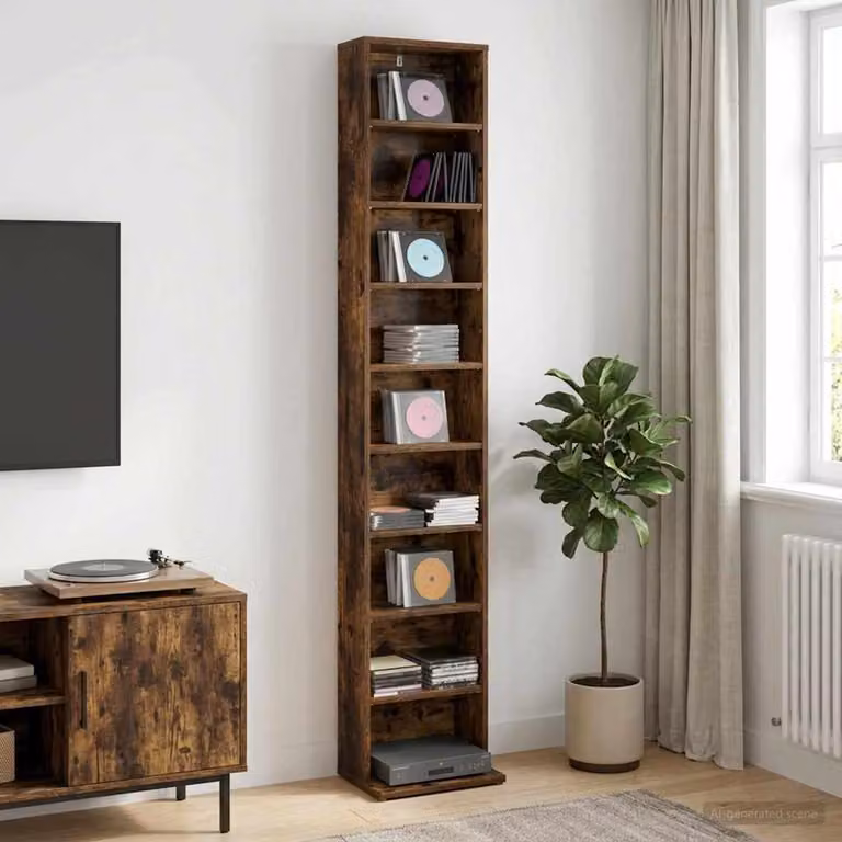 Mobile per CD e media vidaXL in Rovere Fumo con ripiani regolabili, H 175 x L 33 x P 23,5 cm