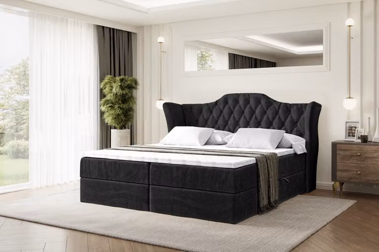 Letto boxspring ALTDECOR VILA, letto imbottito con testiera e contenitore - Materasso rigido (H4) - 180x200 - Velluto nero
