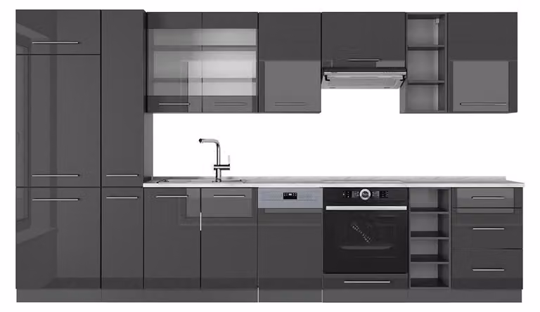 Cucina componibile Vicco Fame-Line Antracite lucido 355 cm , PL Marmo, Model 57012