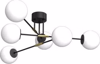 Plafoniera Luminex Glame moderna in metallo e vetro nera e oro con 6 sfere bianche E27