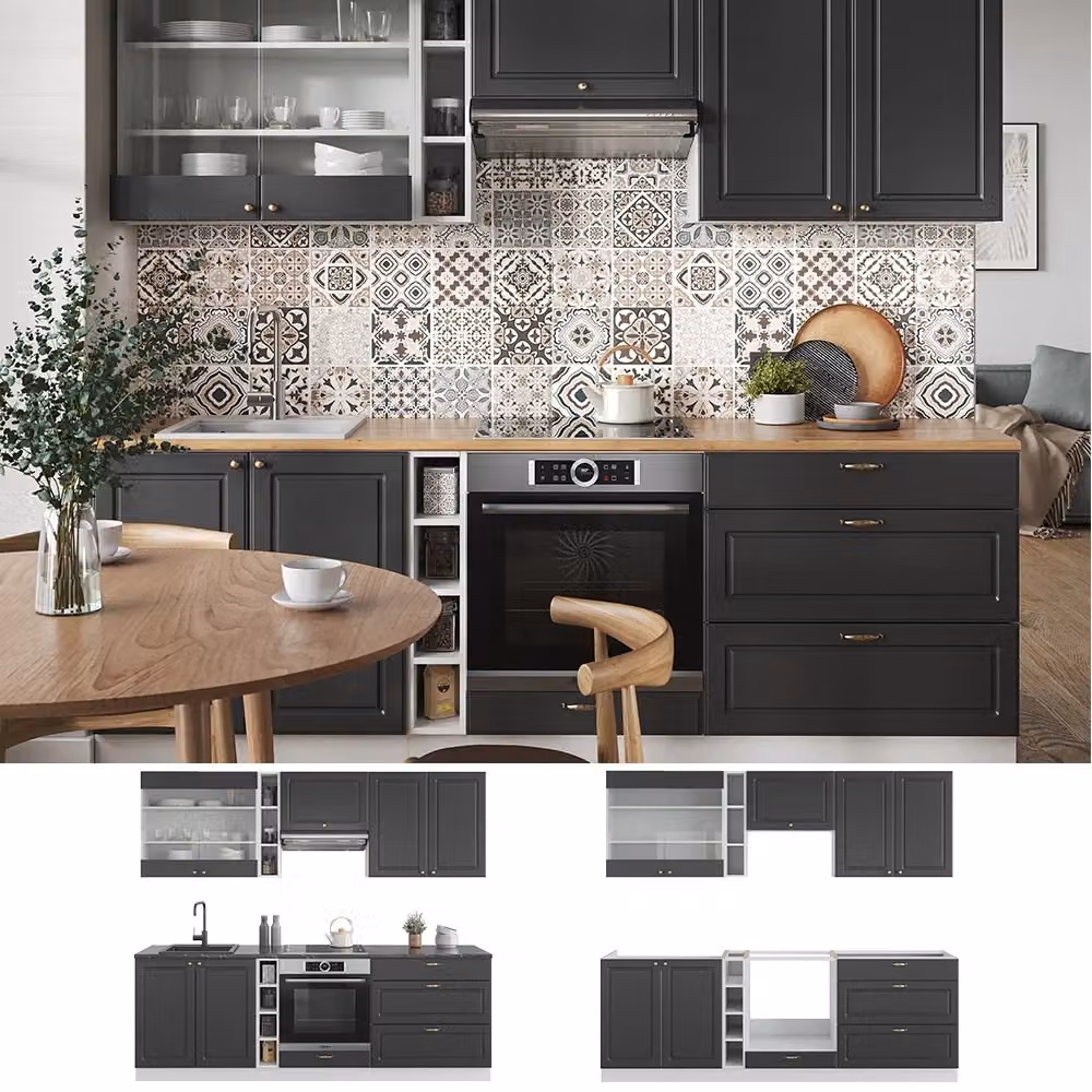 Cucina componibile moderna Fame-Line Vicco, colore antracite, oro e bianco, L: 235 cm – 2