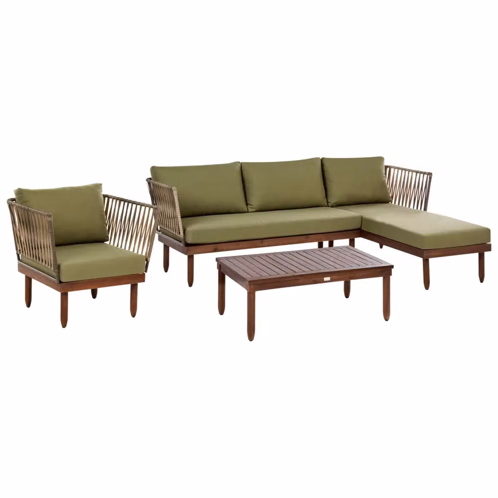 Set Lounge da Esterno a L Beliani in Legno di Acacia con Cuscini Verdi e Tavolino, Composizione da 4 Posti per Giardino e Terrazza – 2