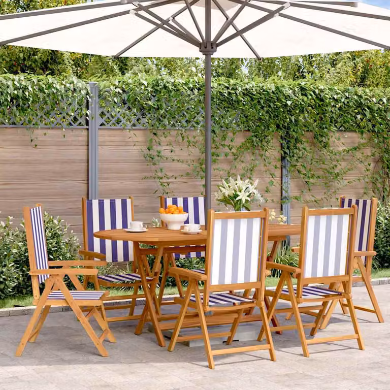 Set di 6 sedie da giardino reclinabili pieghevoli vidaXL in legno di acacia oliato e tessuto a righe blu e bianco con braccioli