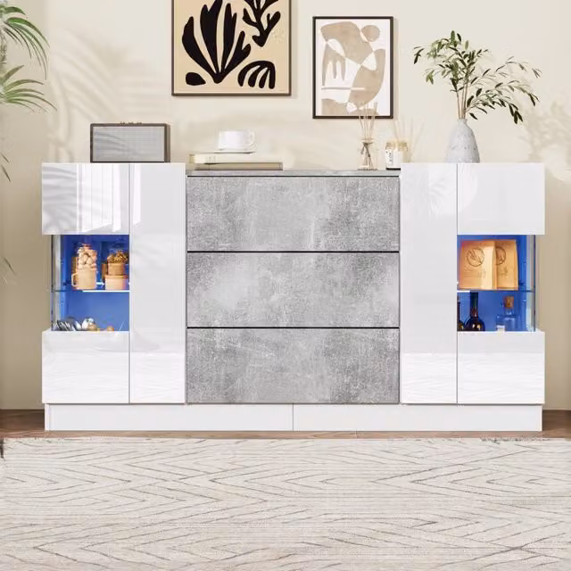 Credenza Bianca e Marmo 140 cm Mobile Soggiorno con LED 2 Ante e 3 Cassetti