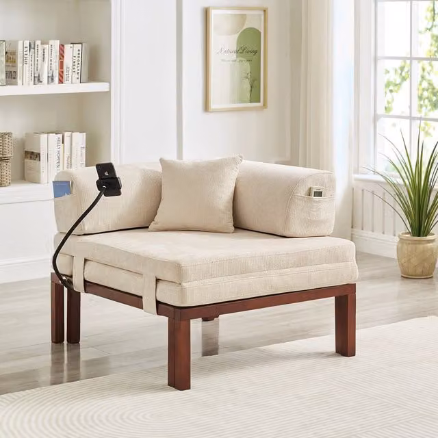 Divano letto pieghevole 98.0x82.0x16.0 cm con letto singolo estraibile in legno e velluto beige
