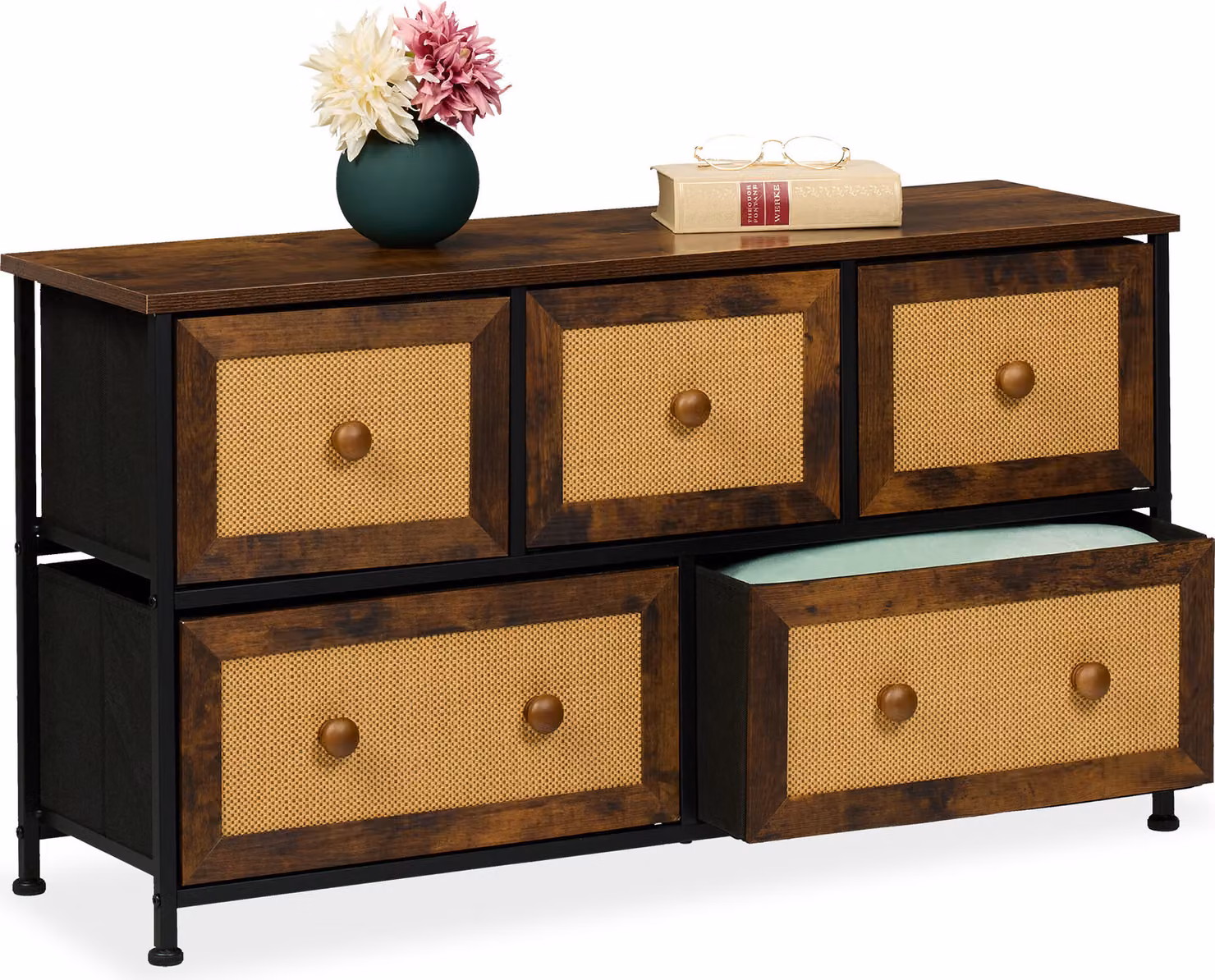 Comodà Relaxdays, 5 cassetti, effetto rattan, ingresso, camera da letto, L x P x A 54,5 x 100 x 32,5 cm, credenza, metallo, marrone/nero