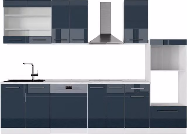 Cucina componibile moderna Vicco Fame-Line Blu scuro lucido e Bianco, L: 300 cm