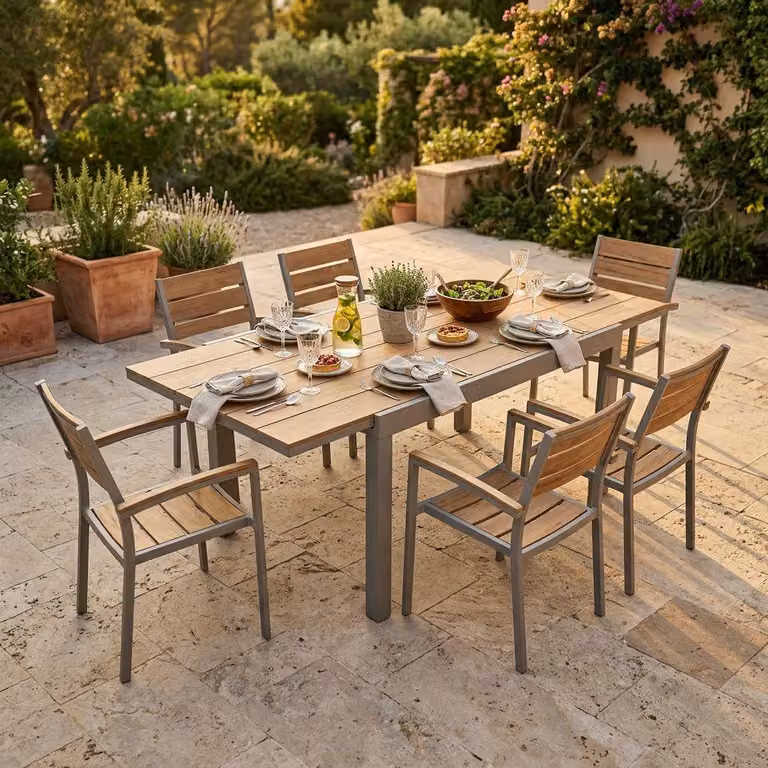 Milani Home - Set Tavolo E Sedie Da Giardino Per Esterno In Alluminio E Legno Resistente Di Teak Cm 160/240x95x75 H Con 6 Sedute - Taupe