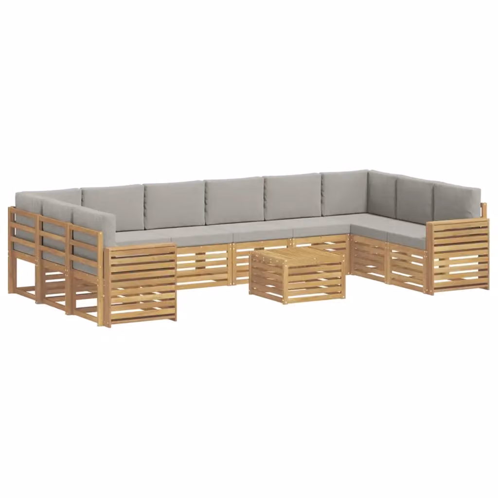 Set di divani da esterno vidaXL a forma di L in legno di acacia con tavolo da caffè, 11 pezzi, Bianco e Grigio – 2