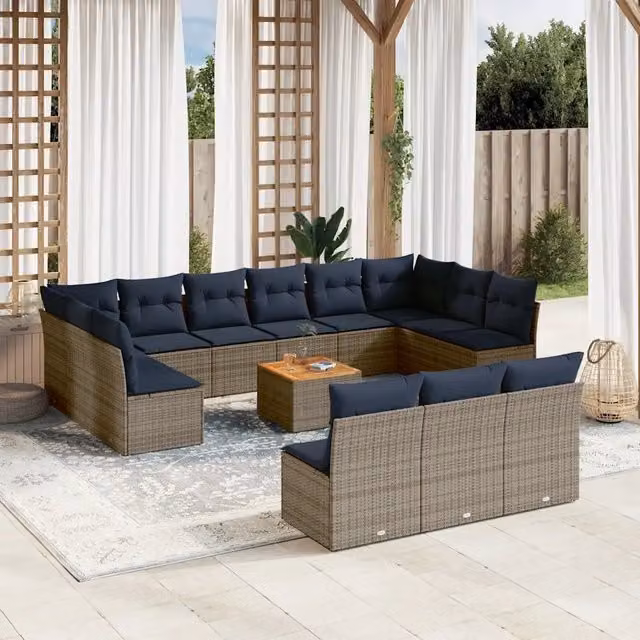 Set di Divani da Giardino a Forma di U con Polyrattan e Cuscini vidaXL Grigio e Blu – 1