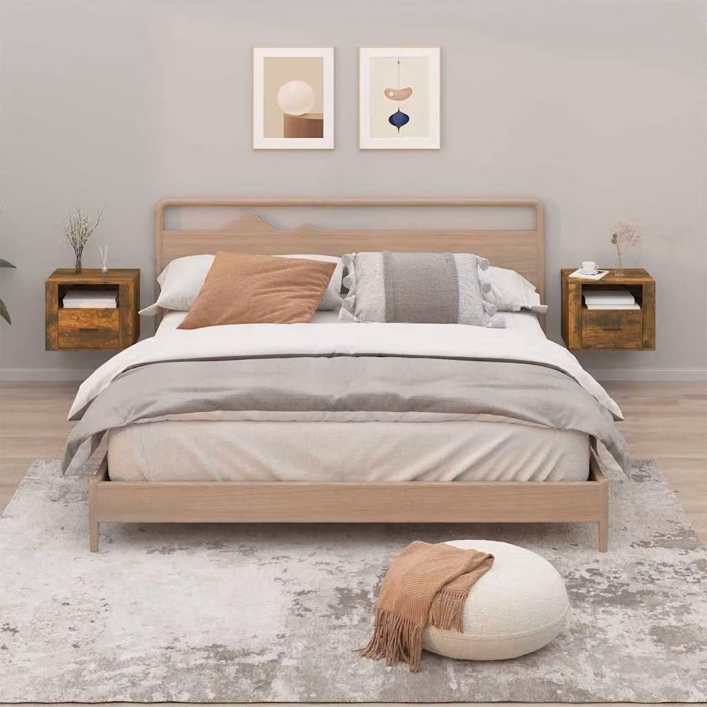 Set di 2 comodini da muro vidaXL in rovere fumo, design moderno per camera da letto, L 50 cm x P 36 cm x H 40 cm